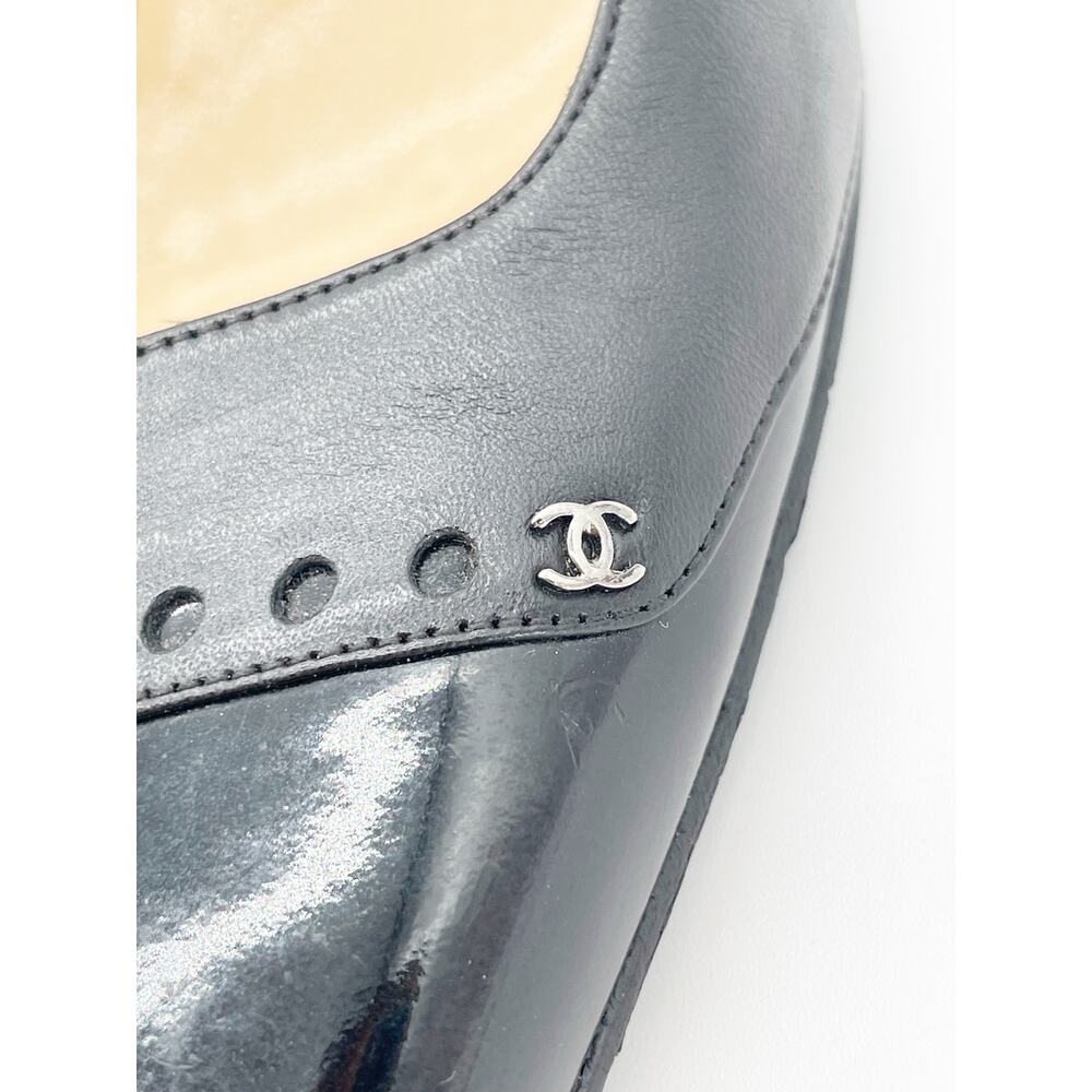Chanel Vintage Black Leather Cap Toe CC Logo Kitten Heel Pointed Pumps EU 36.5 - Picture 8 of 14
